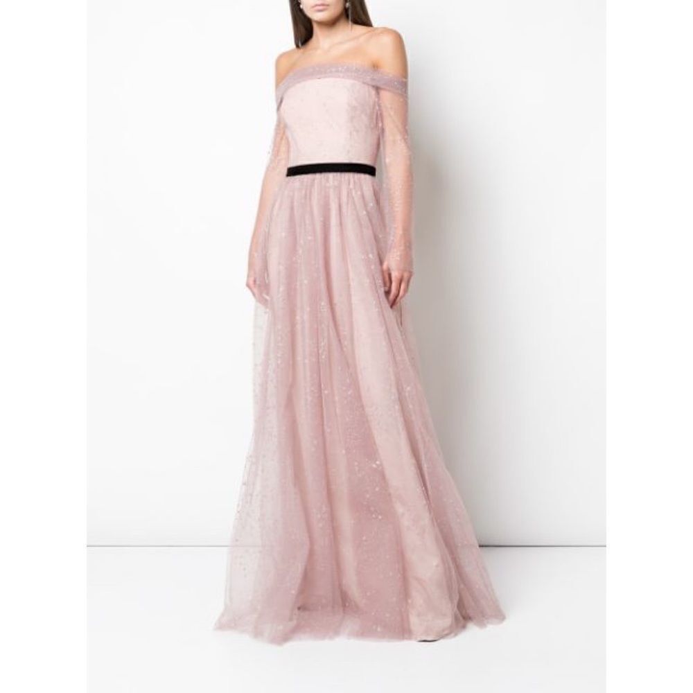 Marchesa Notte Long Sleeve Off The Shoulder Glitter Gown in blush size 2